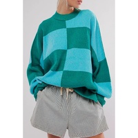 Green Checkered Side Slits Drop Shoulder Oversized Sweater - XL thumbnail