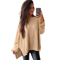 Apricot Cable Knit Drop Shoulder Side Slits Loose Sweater - L thumbnail