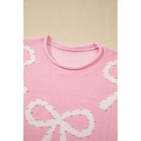Pink Pearl Beaded Bowknot Pattern Distressed Split Hem Sweater - L thumbnail