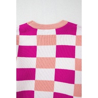 Pink Checkered Ribbed Edge O Neck Drop Shoulder Sweater - XL thumbnail