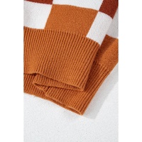 Orange Checkered Ribbed Edge O Neck Drop Shoulder Sweater - L thumbnail