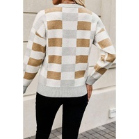 Khaki Checkered Ribbed Edge O Neck Drop Shoulder Sweater - L thumbnail