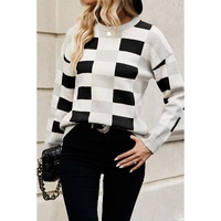 Black Checkered Ribbed Edge O Neck Drop Shoulder Sweater - M thumbnail