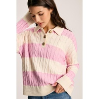 Pink Stripe Cable Knit Collared Henley Sweater - L thumbnail