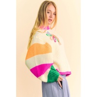 Beige Colorblock Flower Print Cable Knit Loose Sweater - L thumbnail