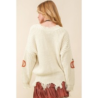 Beige Cable Knit Pumpkin Raw Hem V Neck Loose Sweater - L thumbnail