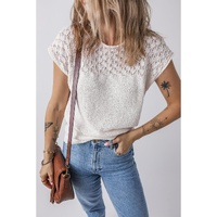 White Eyelet Knit Tied Back Short Sleeve Sweater - L thumbnail