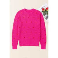 Rose Red Heart Shape Drop Shoulder Round Neck Sweater - L thumbnail