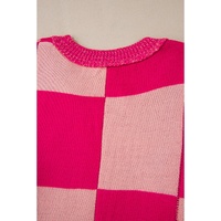 Rose Red Mixed Checkered Pattern Drop Shoulder Loose Sweater - S thumbnail