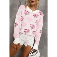 Pink Heart Leopard Print Pearled Ribbed Trim Fuzzy Sweater - L thumbnail