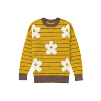 Yellow Stripe Daisy Floral Knitted Round Neck Sweater - L thumbnail