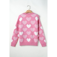 Pink Pearled Heart Print Valentines Crew Neck Sweater - S thumbnail