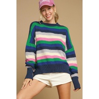 Bright Green Rainbow Striped Crew Neck Drop Shoulder Sweater - S thumbnail