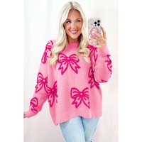 Pink Bow Pattern Drop Shoulder Loose Sweater - M thumbnail