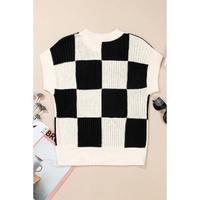 Black Checkered Color Block Crew Neck Short Sleeve Sweater - S thumbnail