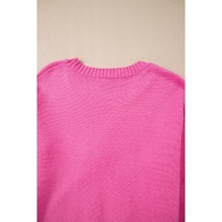 Bright Pink Corded Flower Bow Ribbed Trim Casual Sweater - L thumbnail