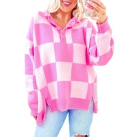 Pink Checkerboard Half Button Collared Drop Shoulder Sweater - S thumbnail