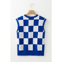 Dark Blue Cherckerboard Round Neck Sweater Vest - M thumbnail