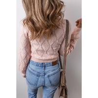Gossamer Pink Openwork Plaid Puff Sleeve Cropped Sweater - L thumbnail