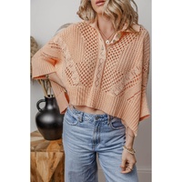 Apricot Pink Hollowed Knit 3/4 Dolman Sleeve Buttoned Collared Sweater - L thumbnail