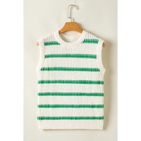 Bright Green Striped Round Neck Casual Sweater Vest - S thumbnail