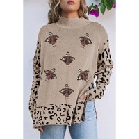 Khaki Sequin Turkey Leopard Mixed Pattern High Neck Sweater with Slits - S thumbnail