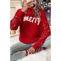 Racing Red Merry Graphic Sequin Sleeves Christmas Turtleneck Sweater - L thumbnail