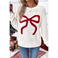 White Bow Pattern Contrast Trim Christmas Loose Graphic Sweater - S thumbnail