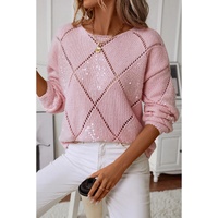 Light Pink Hollowed Rhombus Pattern Sequin Detail Round Neck Sweater - L thumbnail