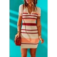 Apricot Striped Ribbed Knit V Neck Bodycon Mini Dress - M thumbnail