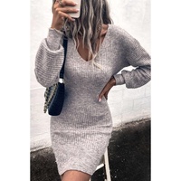 Gray V Neck Bodycon Sweater Dress - M thumbnail