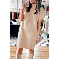 Oatmeal Patch Pocket Ribbed Knit Short Sleeve Sweater Dress - L thumbnail