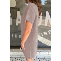 Simply Taupe Patch Pocket Ribbed Knit Short Sleeve Sweater Dress - L thumbnail