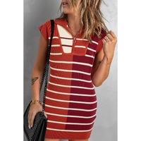 Brown Stripe Color Block Quarter Zip Collar Short Sleeve Sweater Dress - M thumbnail