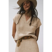 Apricot Chest Pocket V Neck Ribbed Cap Sleeve Sweater - M thumbnail