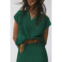 Blackish Green Chest Pocket V Neck Ribbed Cap Sleeve Sweater - L thumbnail