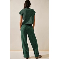 Green Knitted V Neck Sweater and Casual Pants Set - XL thumbnail