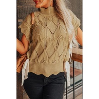 Light French Beige Hollowed Knit Scalloped Trim High Neck Sweater - L thumbnail