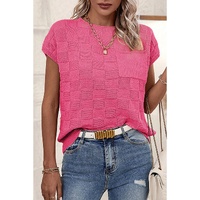 Bright Pink Lattice Textured Knit Short Sleeve Sweater - L thumbnail