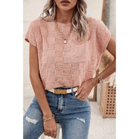 Dusty Pink Lattice Textured Knit Short Sleeve Sweater - L thumbnail