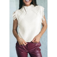 White Woven Tasseled Sleeveless Mock Neck Sweater Vest - M thumbnail