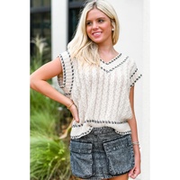 White Contrast Trim V Neck Cable Knit Sweater Vest - XL thumbnail