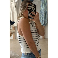 Black Stripe Raw Edge Crew Neck Knitted Vest - M thumbnail