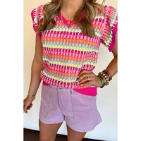 Rose Red Multicolor Flutter Sleeve Knitted Sweater Top - XL thumbnail