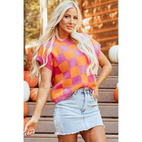Strawberry Pink Colorblock Plaid Pattern Ribbed Trim Sweater Tank Top - L thumbnail