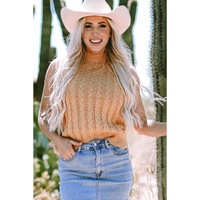 Light French Beige Solid Color Cable Knit High Neck Tank Top - L thumbnail