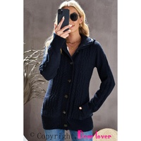 Navy Blue Long Sleeve Button-up Hooded Cardigans - 2XL thumbnail