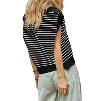 Black Stripe Turn-down V Neck Sweater Tank Top - S thumbnail