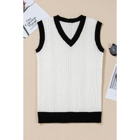 White Contrast Trim Eyelet Knit Colorblock V Neck Sweater Vest - XL thumbnail