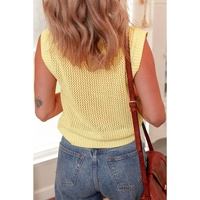 Yellow Solid Color Hollowed Knit Round Neck Sweater Vest - L thumbnail
